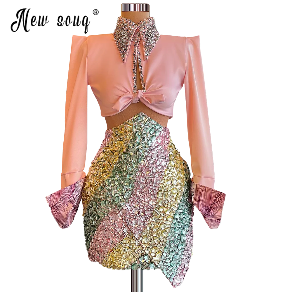 2023 Green Two Pieces Crystals Prom Gowns Soft Satin Beaded Blouse + Full Heavy Beaded Skirt Girls Graduation Party Dresses