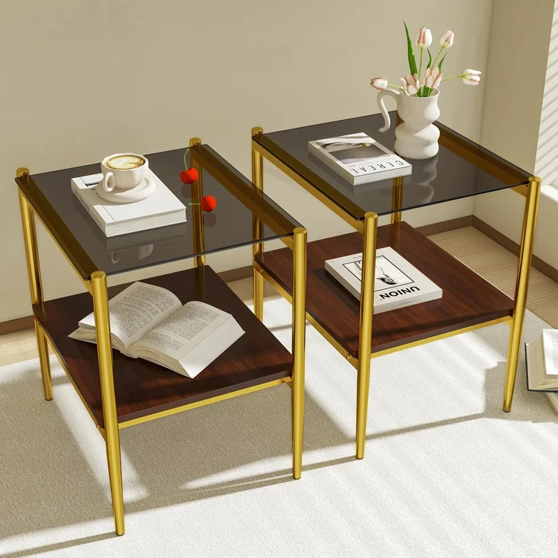 

2-Pack Modern Rectangle End Table with Tempered Glass Top and MDF Base, Gray Finish for Living Room