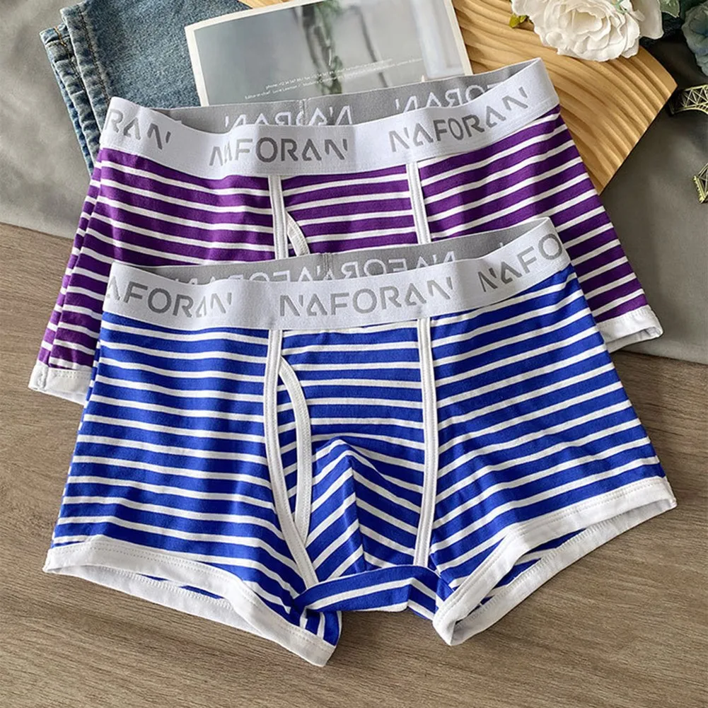 

1pc Men Striped Cotton Boxer Shorts Side Opening Underpants Breathable Mid Rise Underwear Trunk Comfortable Sleepwear