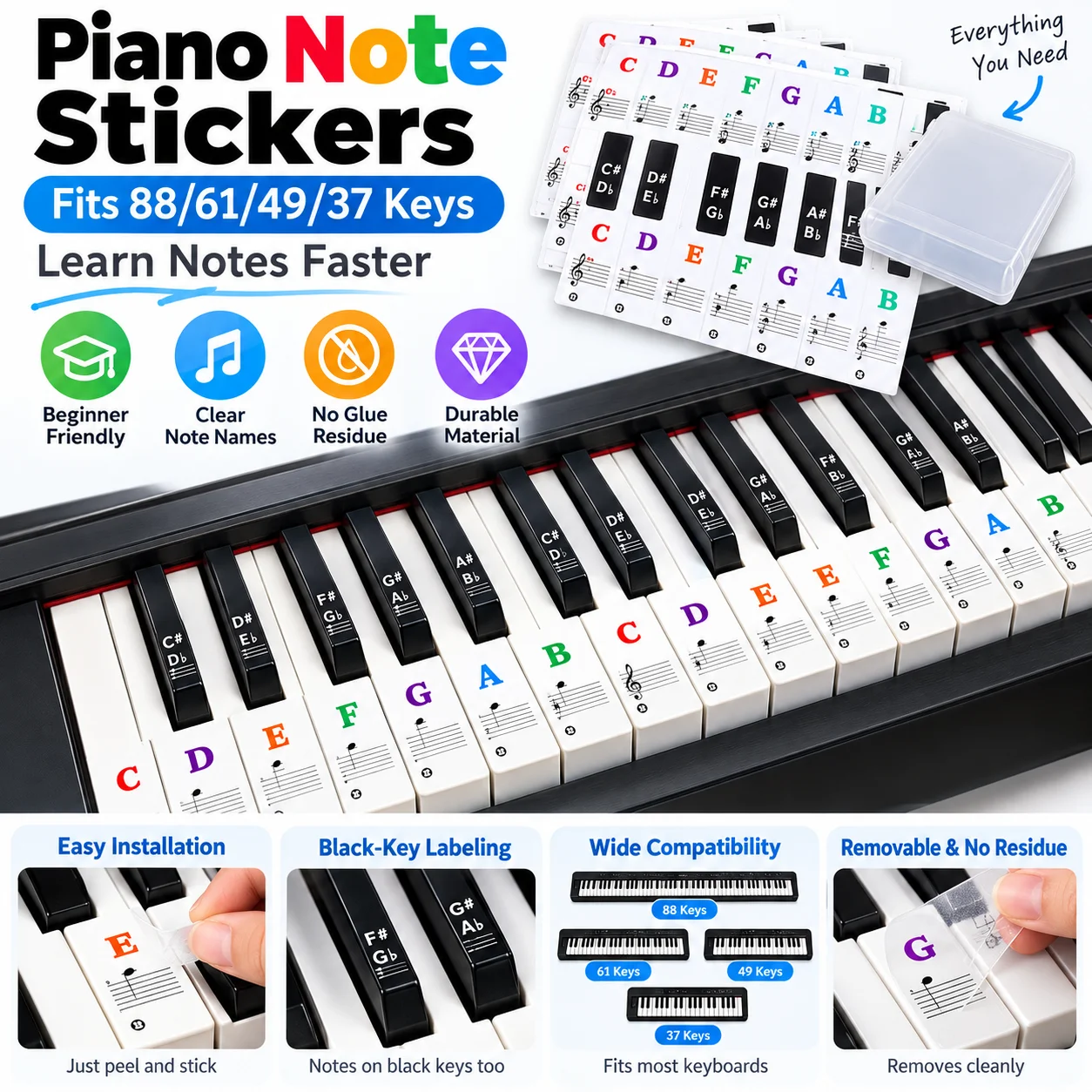 Piano Keyboard Note Stickers Removable Music Note Labels for 88 61 49 37 Key Piano Synthesizer