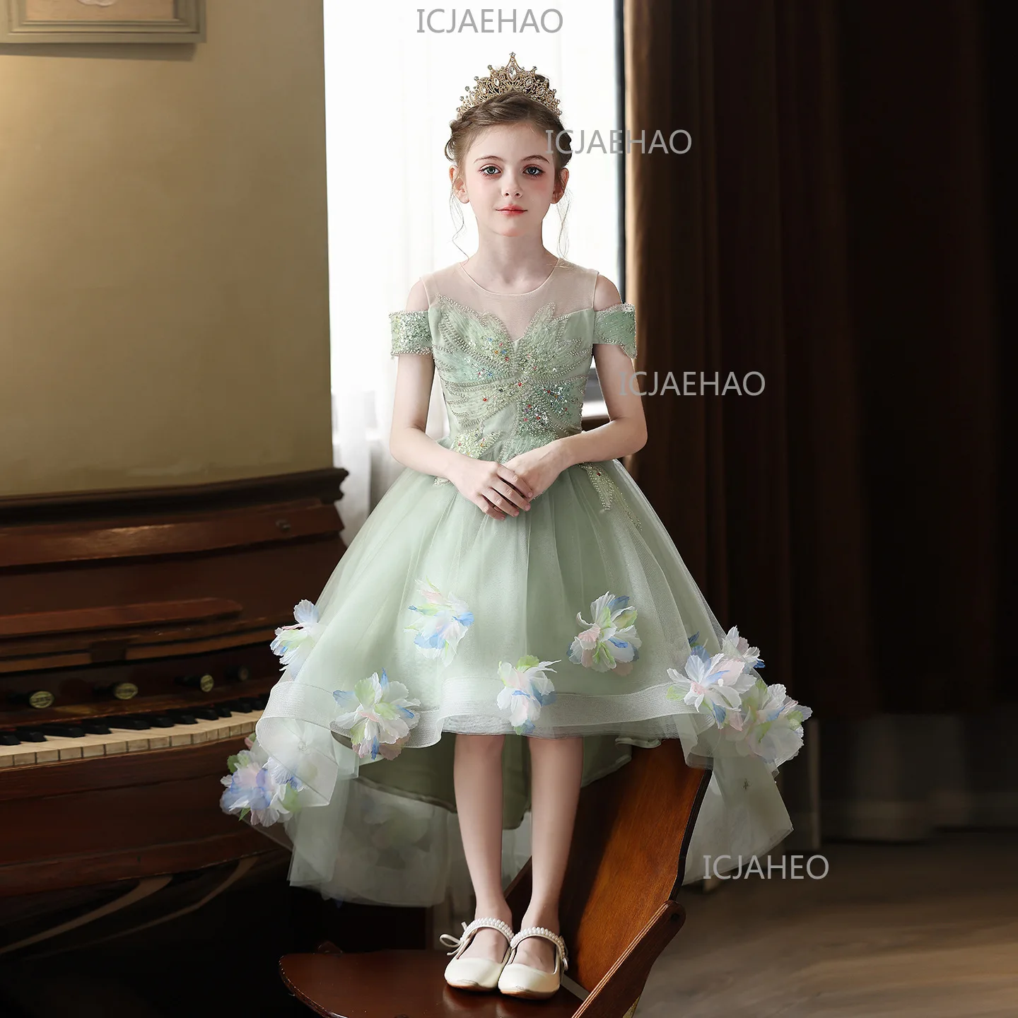 Girls Princess Dress Green 3D Floral Design Outfit  Birthday Party Banquet   Dress Formal Gown For Kids Host Piano Performance
