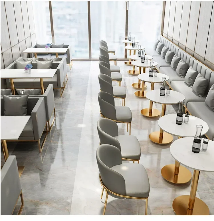 Modern Luxury Cafe Restaurant Coffee Shop Dining Furniture Sofa Booth Golden Metal Frame Table and Chairs Sets