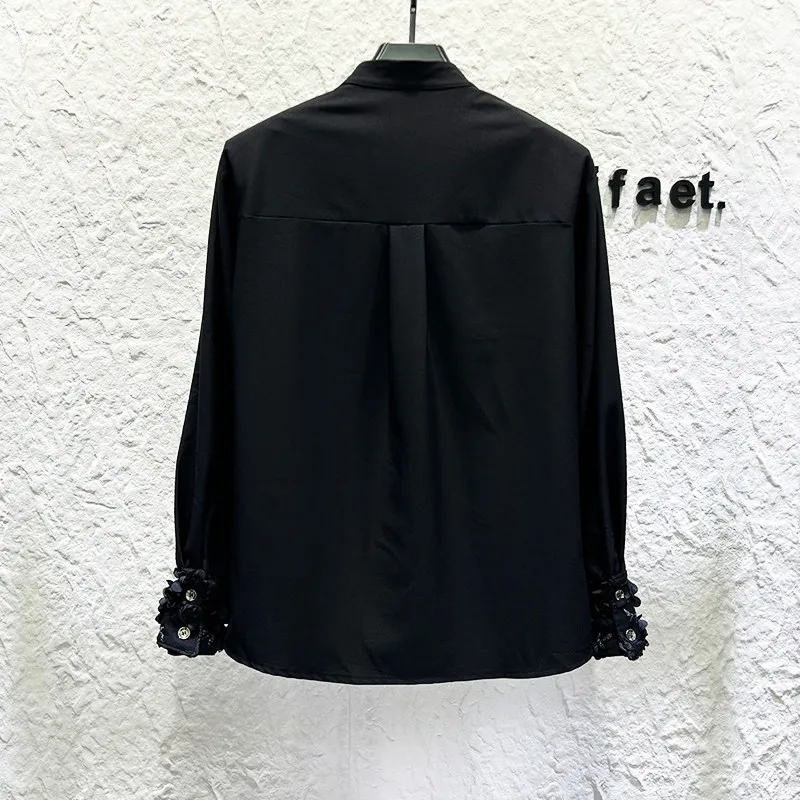 Rose Embroidered Shirt Men Long Sleeved Trendy Loose Stand Collar Casual Shirts Social Banquet Party Stage Performance Clothing
