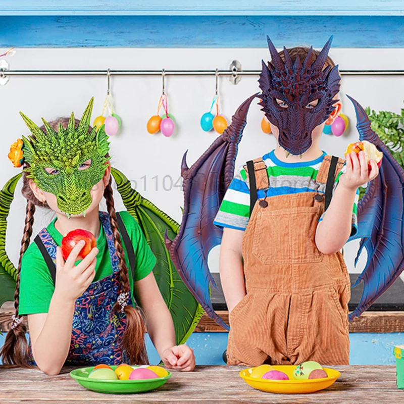 ชุดคอสตูมมังกรเด็กชายเด็กหญิง สีแดงน้ำเงิน ปีกมังกรปีศาจ หางปีศาจ หน้ากากไดโนเสาร์ ชุดคอสตูมสำหรับเด็ก ฮาโลวีน คอสเพลย์ อุปกรณ์ประกอบฉาก