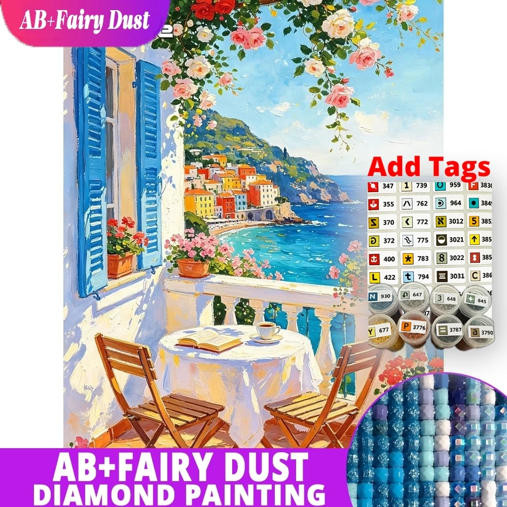 AB Fairy Dust Landscape Diamond Mosaic Mediterranean Balcony Sea Full Square Round Painting Picture Embroidery Kit Decor