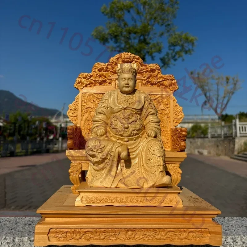 Hand-Carved Hinoki Wood Seated Guangze Zunwang Statue - 11.8