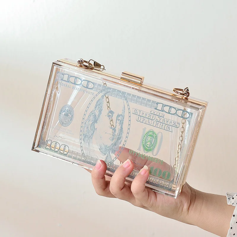 Dollar Money Clear Crossbody Bag Fashion Acrylic Clutch Designer Purse for Women Transparent Box Handbags for Evening Clutches