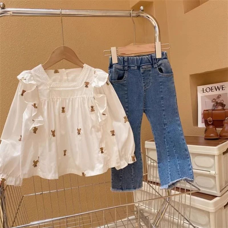 Girls' Stylish Two-Piece Suit Autumn New Children's Western Style Lace Flounced Sleeve Doll Shirt Raw Hem Jeans Suit