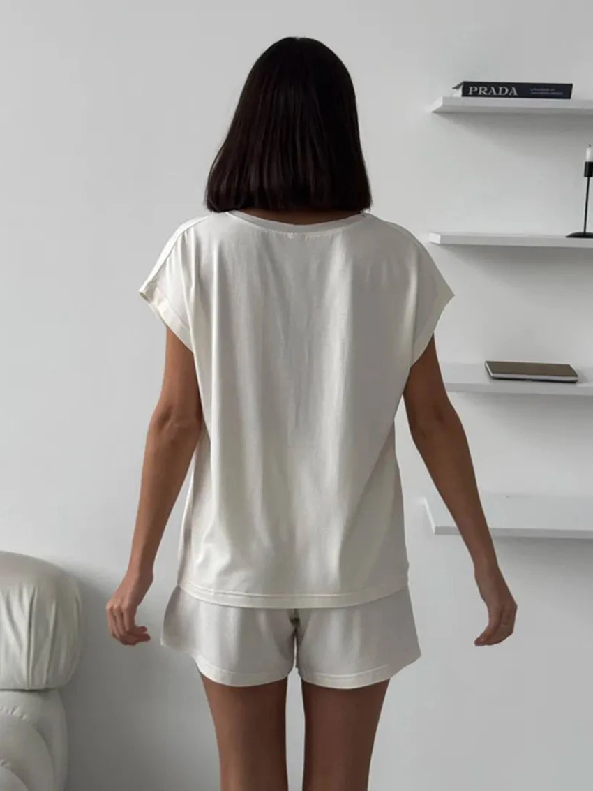 Marthaqiqis Loose Summer Female Nightgowns 2 Piece Suit V-Neck Sleepwear Short Sleeve Nightwear Shorts Casual Women Pajamas Sets