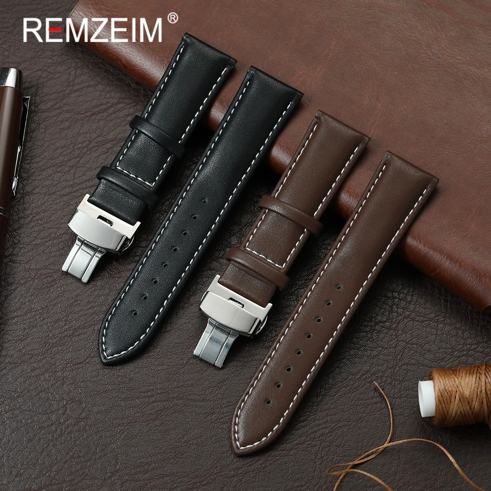 Business-Stil Kunstlederarmband 18 mm 20 mm 22 mm 24 mm Herrenarmband mit Edelstahl-Schmetterlingsschnalle