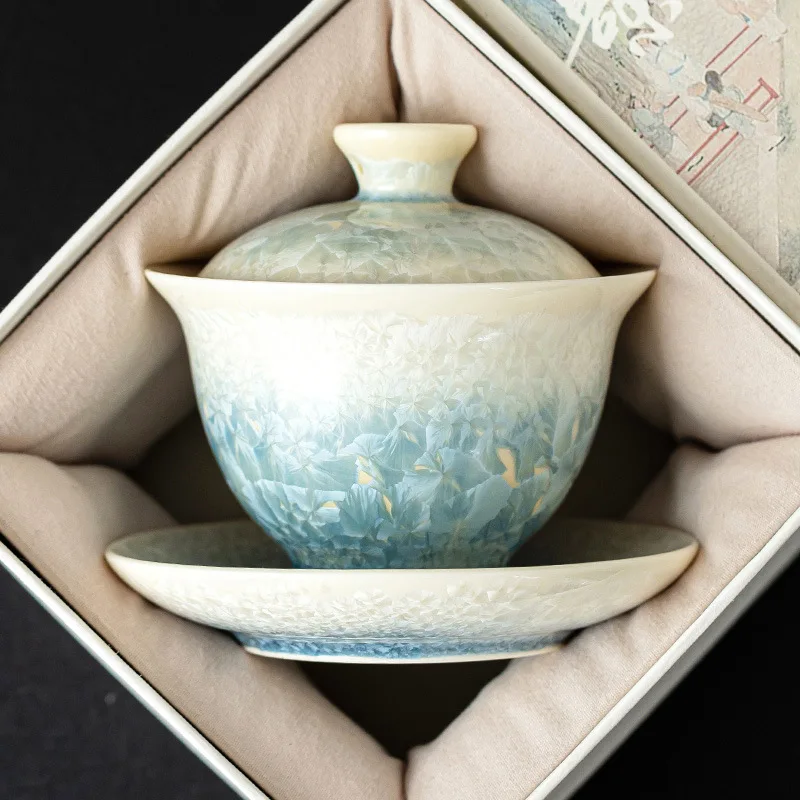 Crystal glaze lake green Sancai cover bowl teacup ceramic household high-end Kung Fu tea bowl with cover Kung Fu tea set single