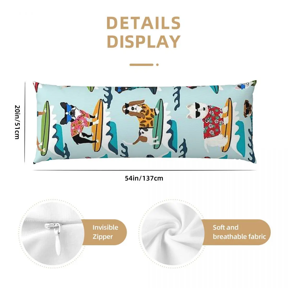 1pc Surf Dog Body Pillowcase, Ultra-Soft Double-Sided Print, Vintage Style, Machine Washable, Zipper Closure, Polyester, Multi-R
