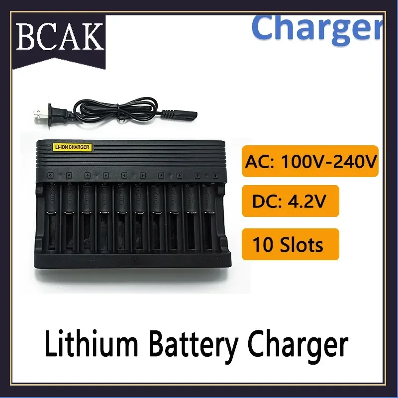 BCAK Style 4.2V 10 Slots Battery Charger for Li-ion Lithium Battery 18650 26650 25500 16340 14500 10440 17500 14430 with LED Ind