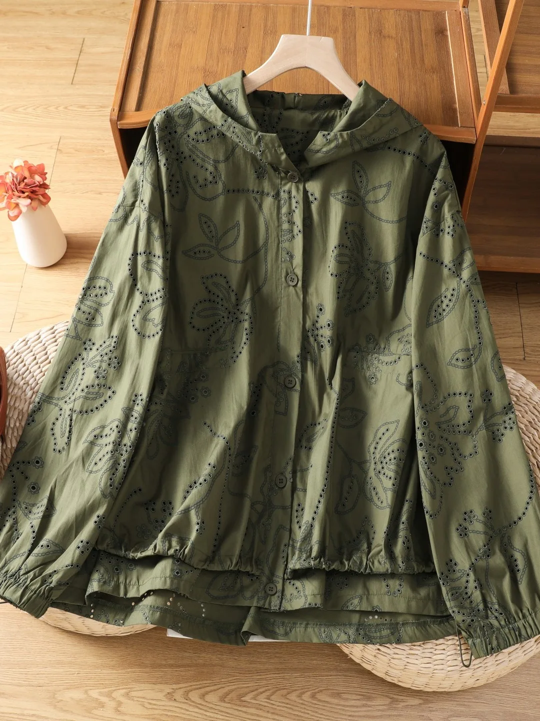 Retro Olive Green Pure Cotton Hollow out Hoodie Women's Loose Fitting Drawstring Design Top Casual Long Sleeve Shirt