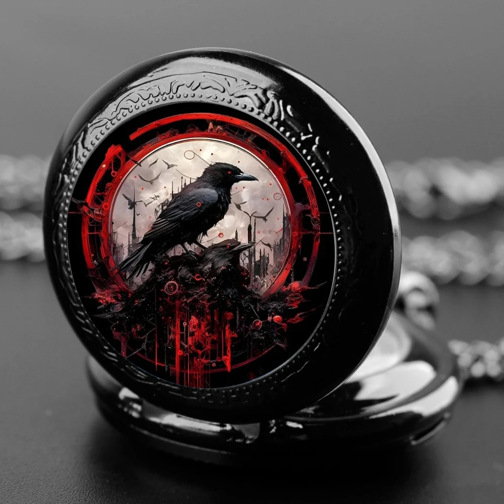 Reloj de bolsillo de cuarzo para hombre y mujer, cadena de reloj con colgante único, collar negro, Retro, creativo, Crow Bird, accesorios de regalo