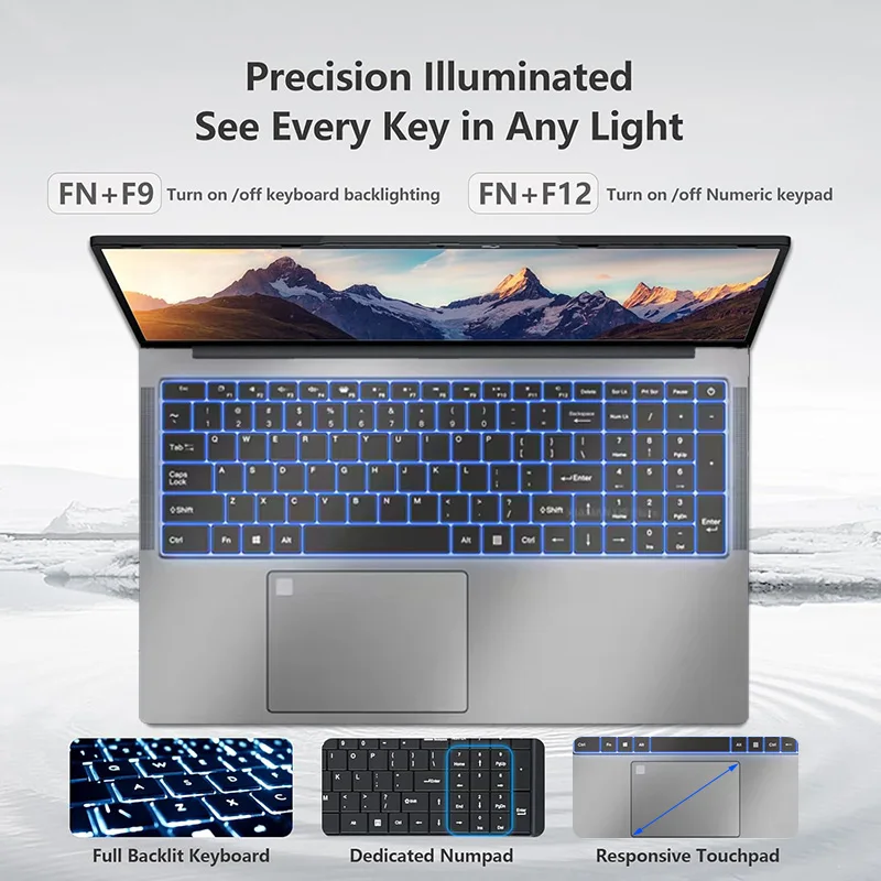 كمبيوتر محمول ACEKAMAS مقاس 17.3 بوصة Intel N5095 Windows 11 16GB DDR4 1TB SSD بصمة فتح الألعاب مكتب دراسة الكمبيوتر المحمول