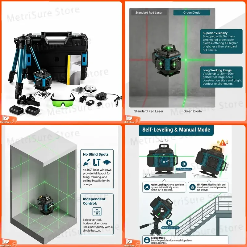 4D 12 Line 16 Line Green Laser Level Self Leveling 360 Degree Cross Line Horizontal Vertical Rotary Laser Level with Tripod