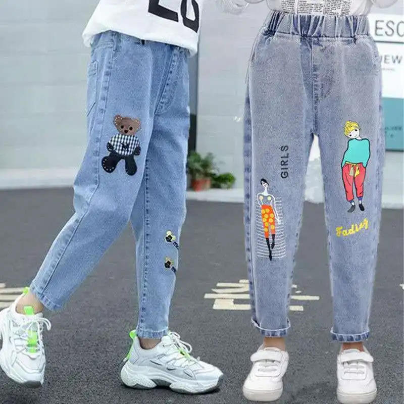 

New Spring Big Kids Girls Trousers Bear Embroidery Denim Long Pants Jeans Young Children Girls Pant Teenager Kids Clothes 2022