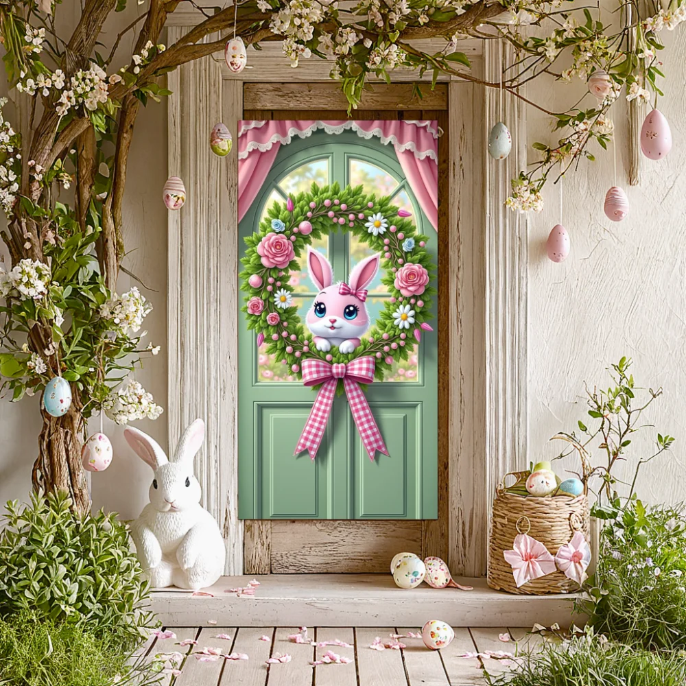 Decoración de Pascua, cubierta de puerta con tema de conejito, forro rosa para puerta, corona de primavera de fantasía, huevos de flores, fiesta, decoraciones para jardín al aire libre Diy