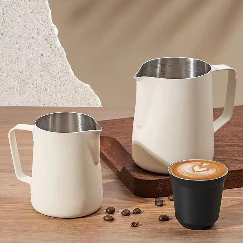 Stainless Steel Milk Frothing Pitcher with Long Rounded Spout for Coffee Art, Steaming Jug, Professional Tool & Milk Warmer