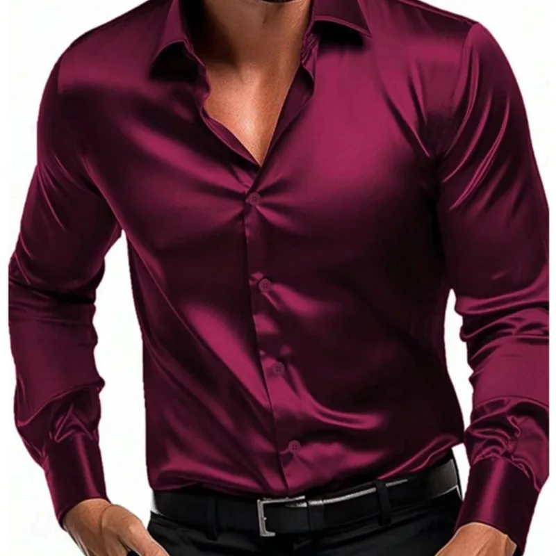 Business Casual Men's Satin Silk Shirts Long Sleeve Single Breasted Button Turn-Down Collar Shirts Wedding Party Wear Blouse