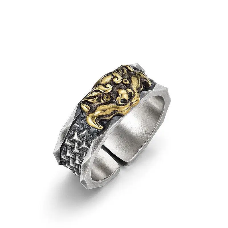 Retro ethnic style trend mythical beast mens rings New in 925 Thai silver crafts design ring fashion jewelry adjustable