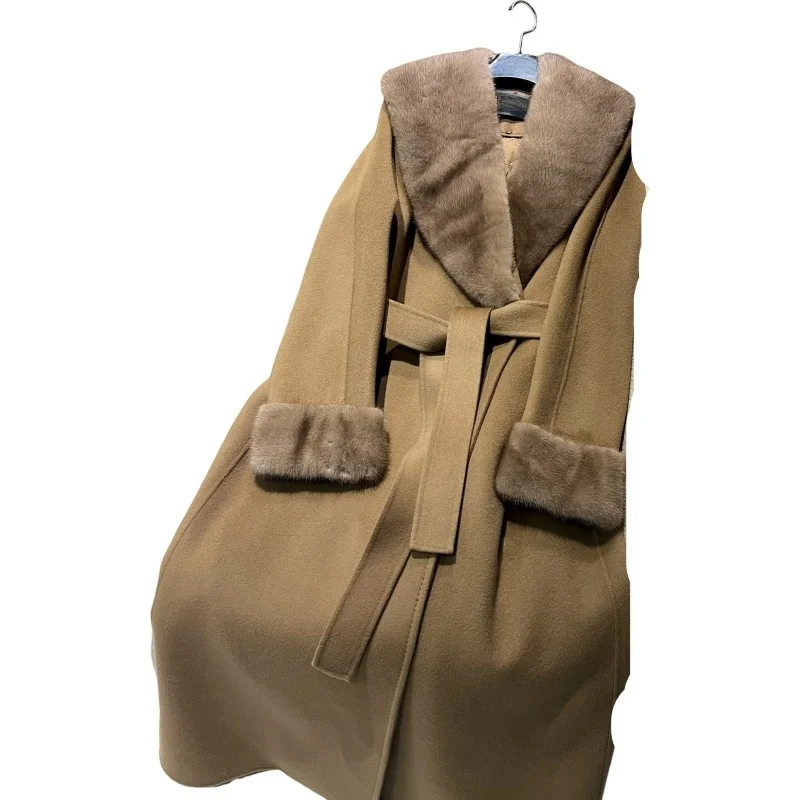 Cappotto in cashmere double face con colletto in visone Cappotto da donna in cashmere double-strato in lana di due pezzi di lana di media lunghezza feminino luxo