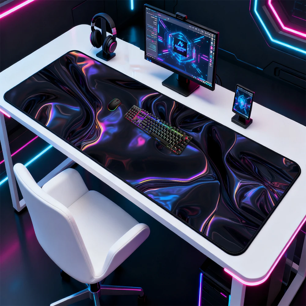 Neon Liquid Desk Pad 180x60 Gaming Black Purple Iridescent Deskmat Smooth Nonslip Mousepad Full Desk Accessories