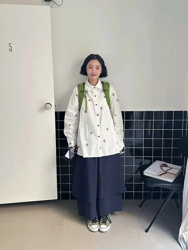 

Весна 2026: Женская свободная повседневная рубашка с вышивкой, длинным рукавом, отложным воротником, универсальный хлопковый топ в студенческом стиле