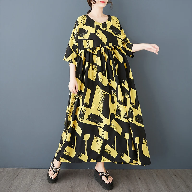 NYFS 2025 صيف جديد القطن الكتان بوهيميا فساتين امرأة Vestidos رداء Ete فام Elbise فضفاضة قصيرة الأكمام طباعة فستان طويل