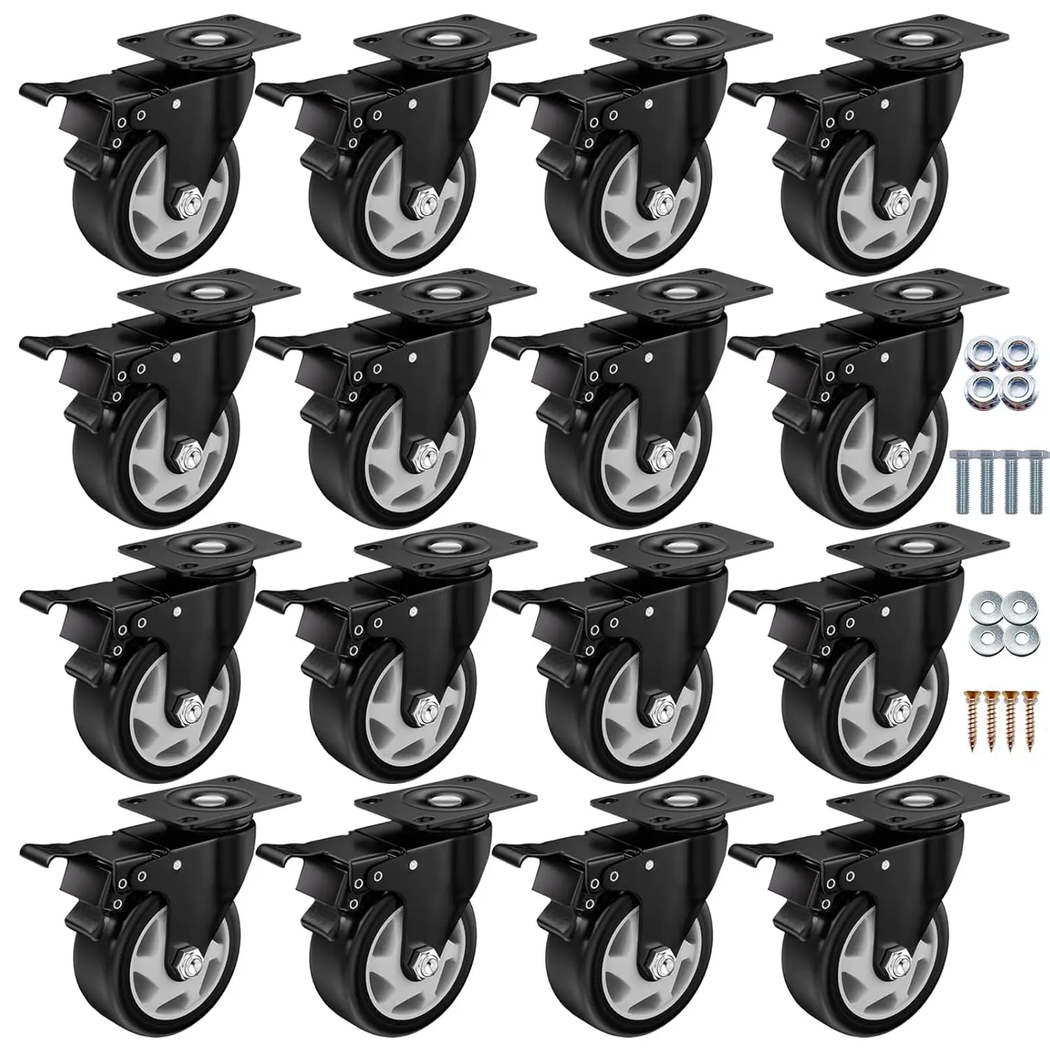 

4 Inch Heavy Duty Caster Wheels Set of 16 with Brake, Industrial Locking Swivel for Workbench Furniture Cart