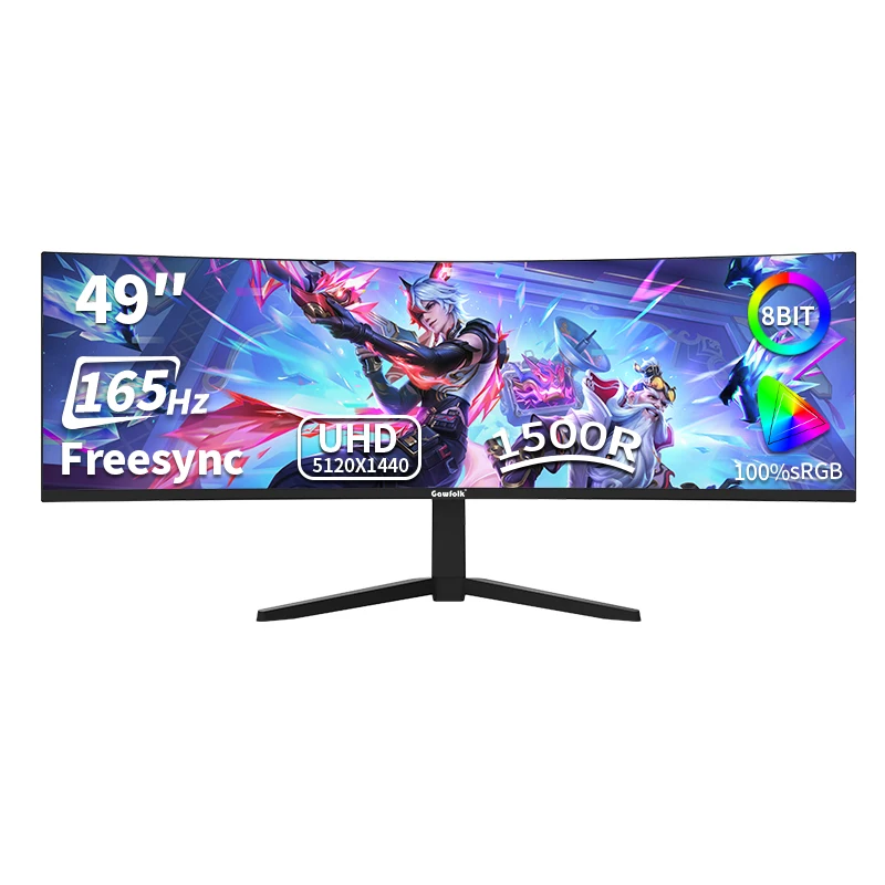 49 inch gebogen gamingmonitor, 32:9 ultrawide, 5120*1440 5K WQHD, 165Hz VA-paneel, 1500R kromming, FreeSync, ingebouwde luidspreker, RGB-verlichting, 100% sRGB, VESA-bevestiging.
