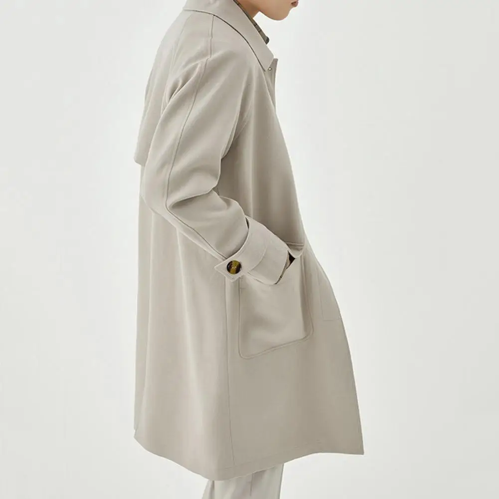 Autumn Winter Men Trench Coat Mid-length Lapel Long Sleeve Casual Outwear Solid Color Single-breasted Male Coat With Pockets