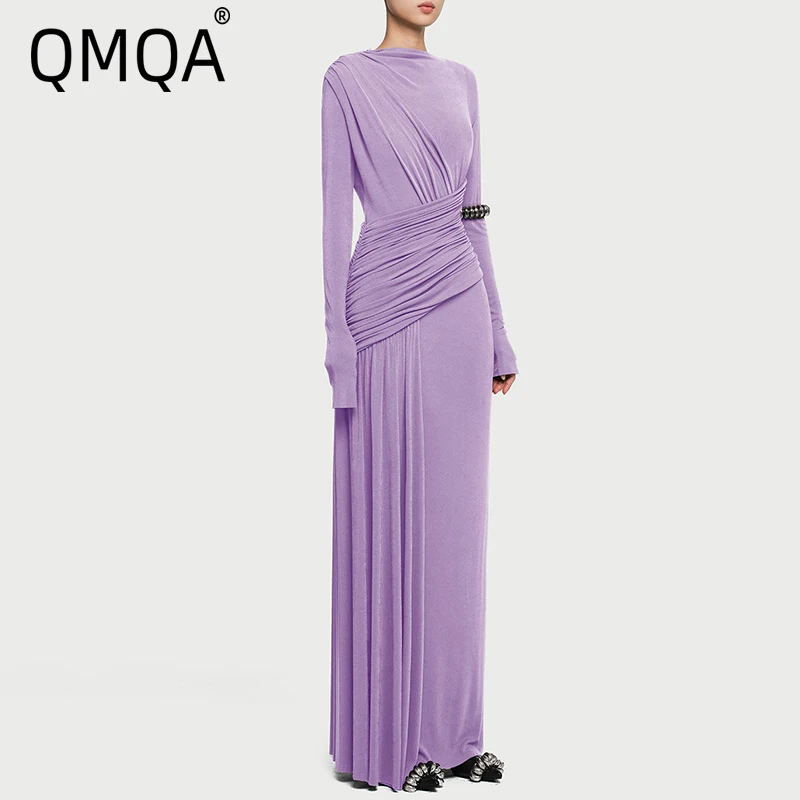 

QMQA Fashion Women's Asymmetric Pleated Elegant Dress Solid Color Long Sleeve High Waist Slimming Party Dresses 2025 New QM519