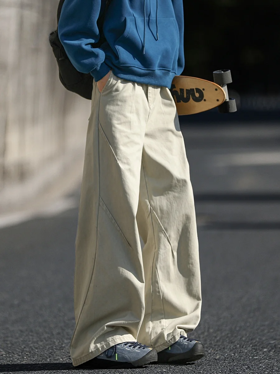 American Retro Khaki Work Pants Men's High Waist Loose Wide Leg Casual Pure Cotton Folded Autumn Fashion Straight Tube Trousers
