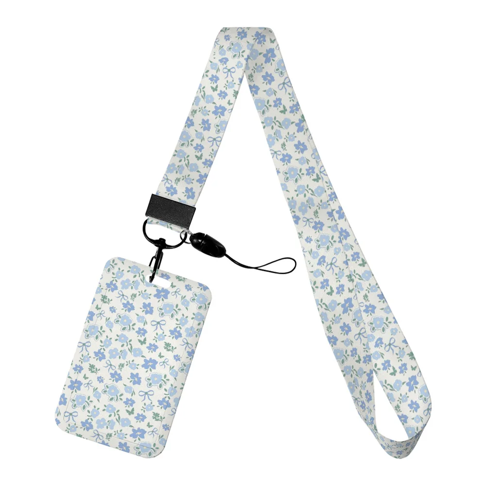 Card Holder Blue Floral Fresh Work Neck Strap Glitter Acrylic Badge Reel Clip Waterproof Dustproof Outdoor Staff Work Permit