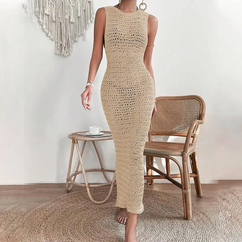 100% Handgemaakte Hoge Kwaliteit Slip Onderkant Maxi O Hals Uitgehold Twee Kleuren Doorschijnende Strand Cover Up Gebreide Gehaakte Strandjurk