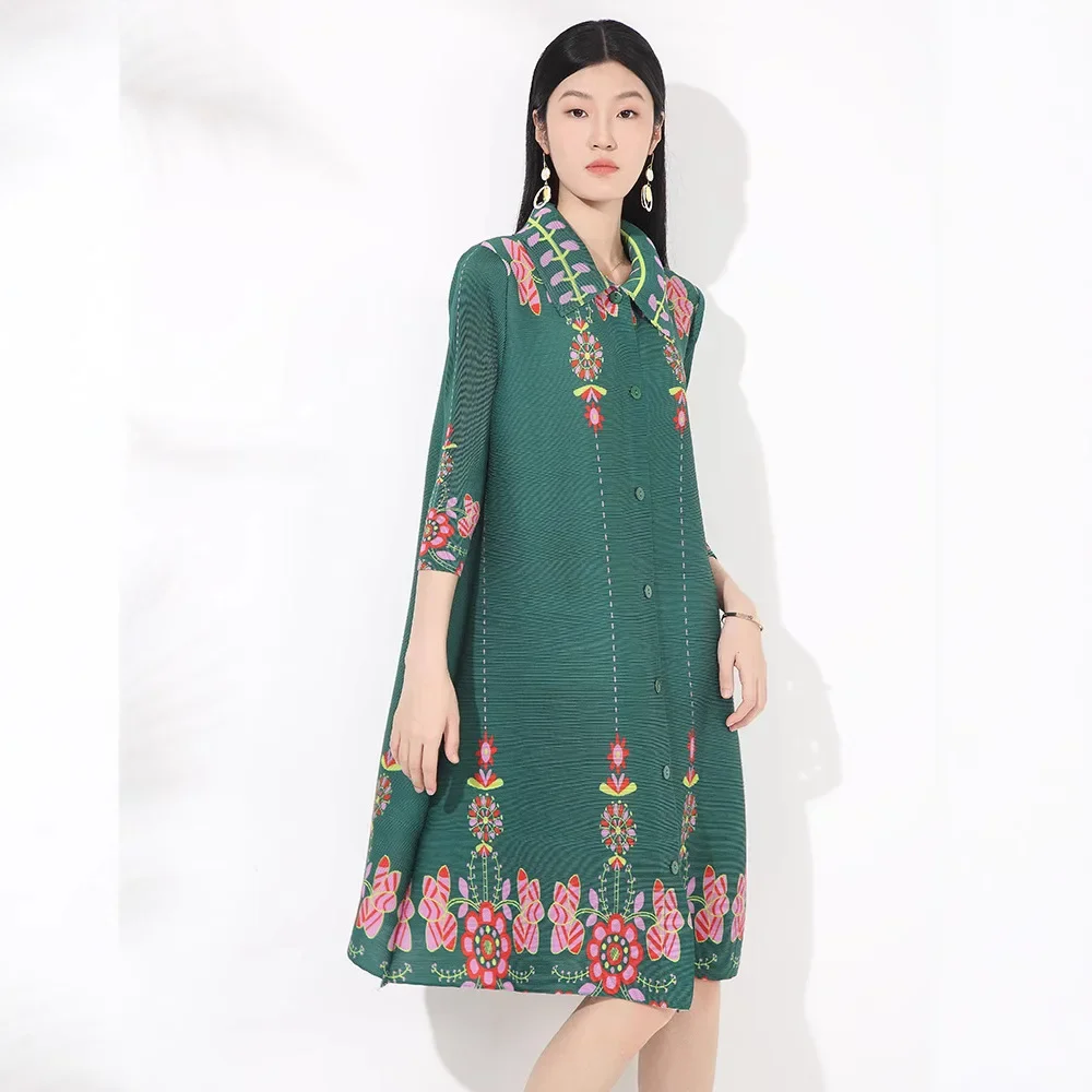 

Miyake Style Pleated Printed Fashionable Cardigan Dress Simple Loose Lapel Single-breasted Seven-point Sleeve Stretch Midi Skirt