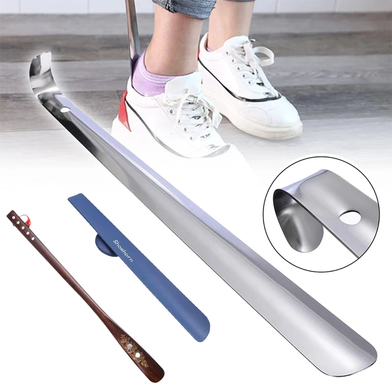 Metal Shoe Horn Lifter 42cm Long Handled Shoe Horn With Leather Strap Stainless Steel Shoehorn For Boots Spoon Shape Shoe Horn