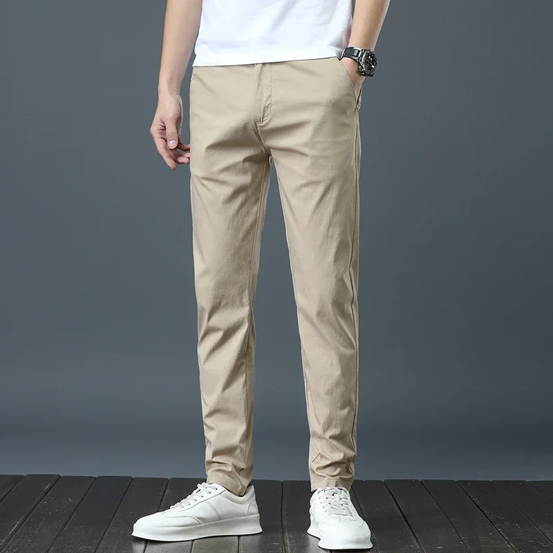 2024 NEW Men Summer Slim Fit Ice Silk Chinos and Khkis Trousers Trendy High-End Stretch Business Casual Pants Spring