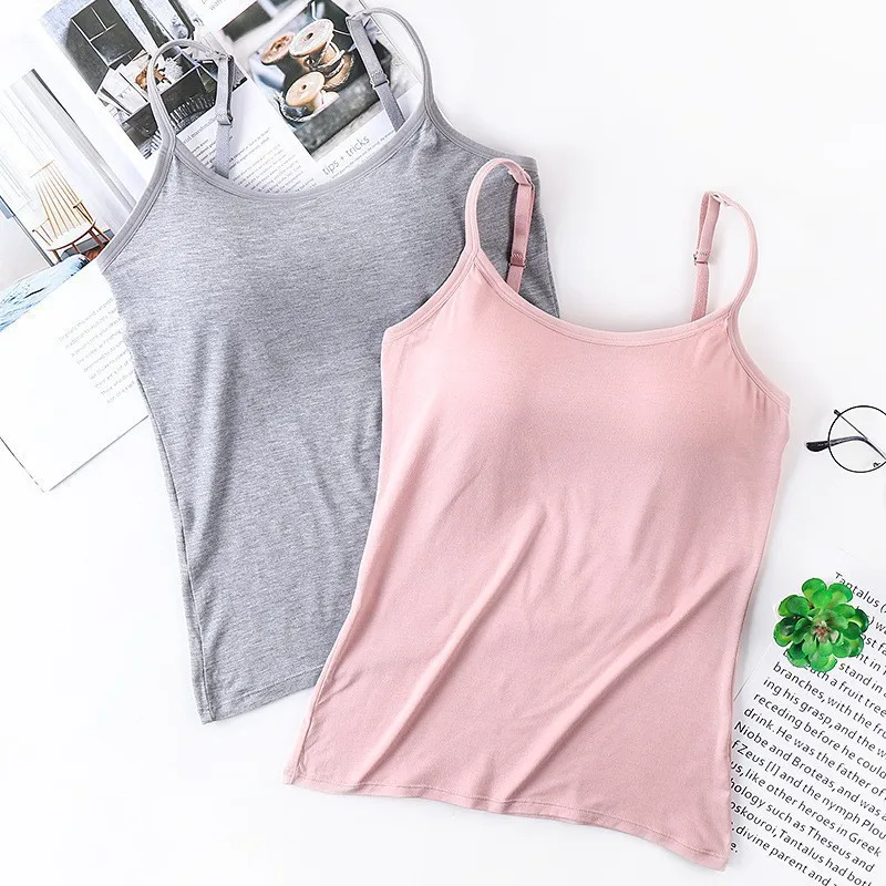 1 Piec Undershirt Solid Color Smocked Camisole Tank Top with Bra Pads Tops Female Summer Underwear Bottoming Anti-walking Bustie image 4