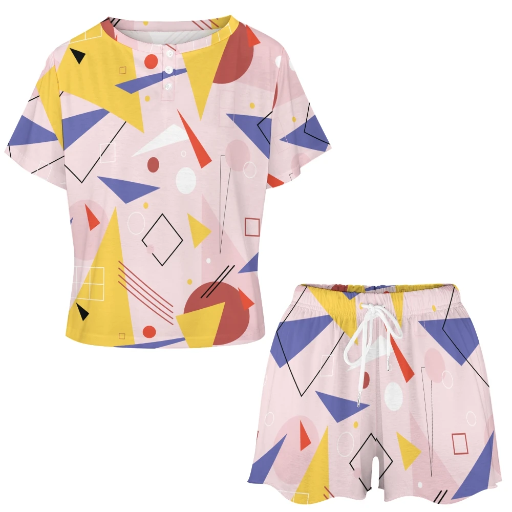 Abstract Geometric Shapes Women's 2-Piece Button Down Short Sleeve Button Front Sleepwear Loungewear PJ Set Summer Home Suit