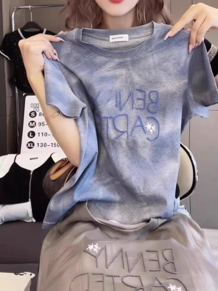 T-shirt Estiva Blu per Donna con Ricamo Glitterato, Top Tie-Dye Stile Coreano, Vestibilità Ampia con Collo Tondo