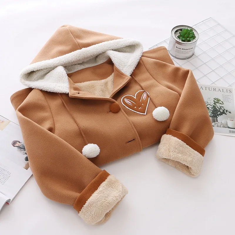 Japanese Soft Sister Cute Radish Embroidered Women Woolen Hooded Coat 2023 Winter Casual Bow Sweet Kawaii Loose Brown Jackets