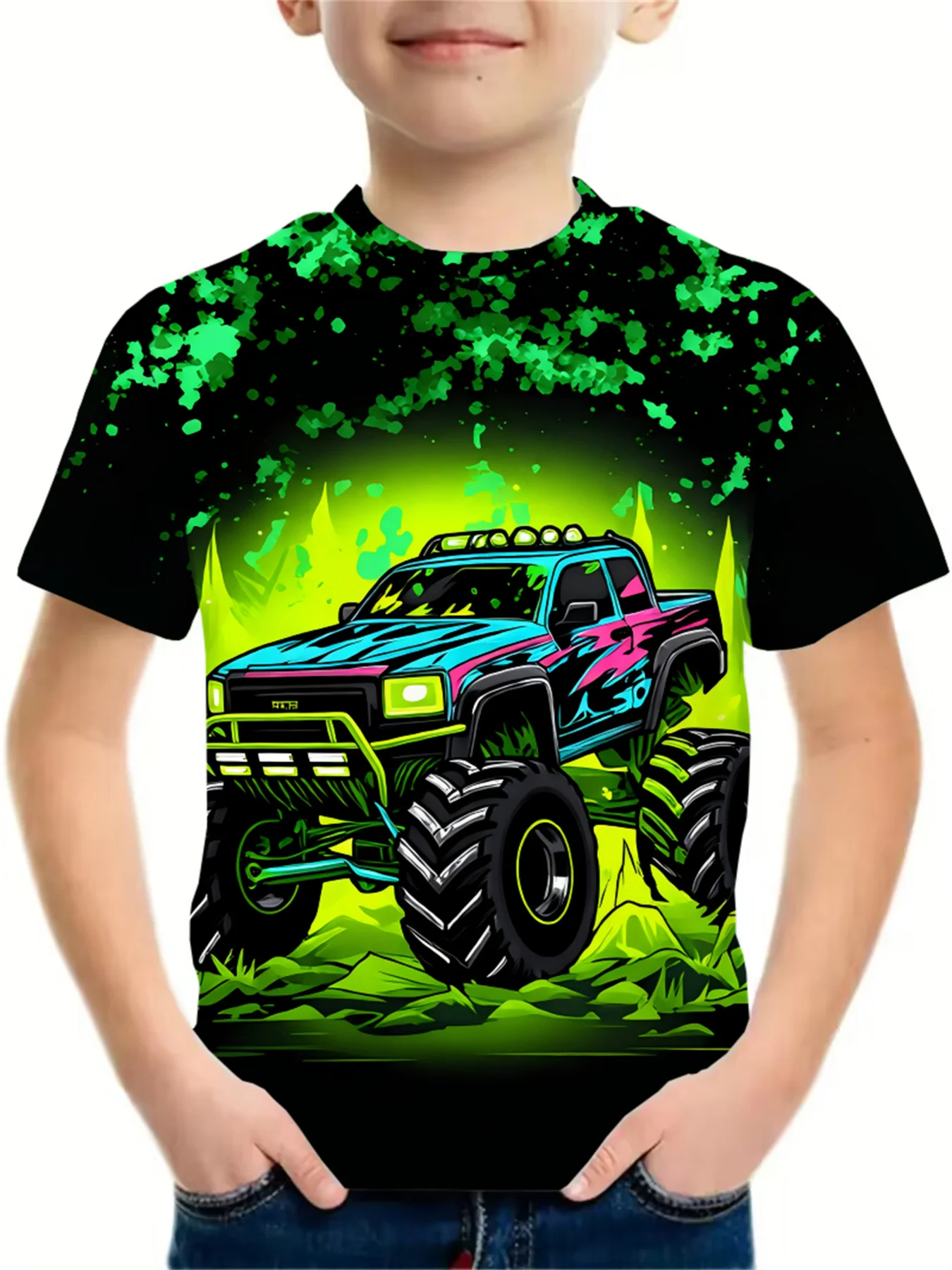 Boys' Fashion 3D Fluorescent Mountain Bike Print Short Sleeve T-Shirt, Casual Round Neck Short Sleeve Versatile T-Shirt for Boys