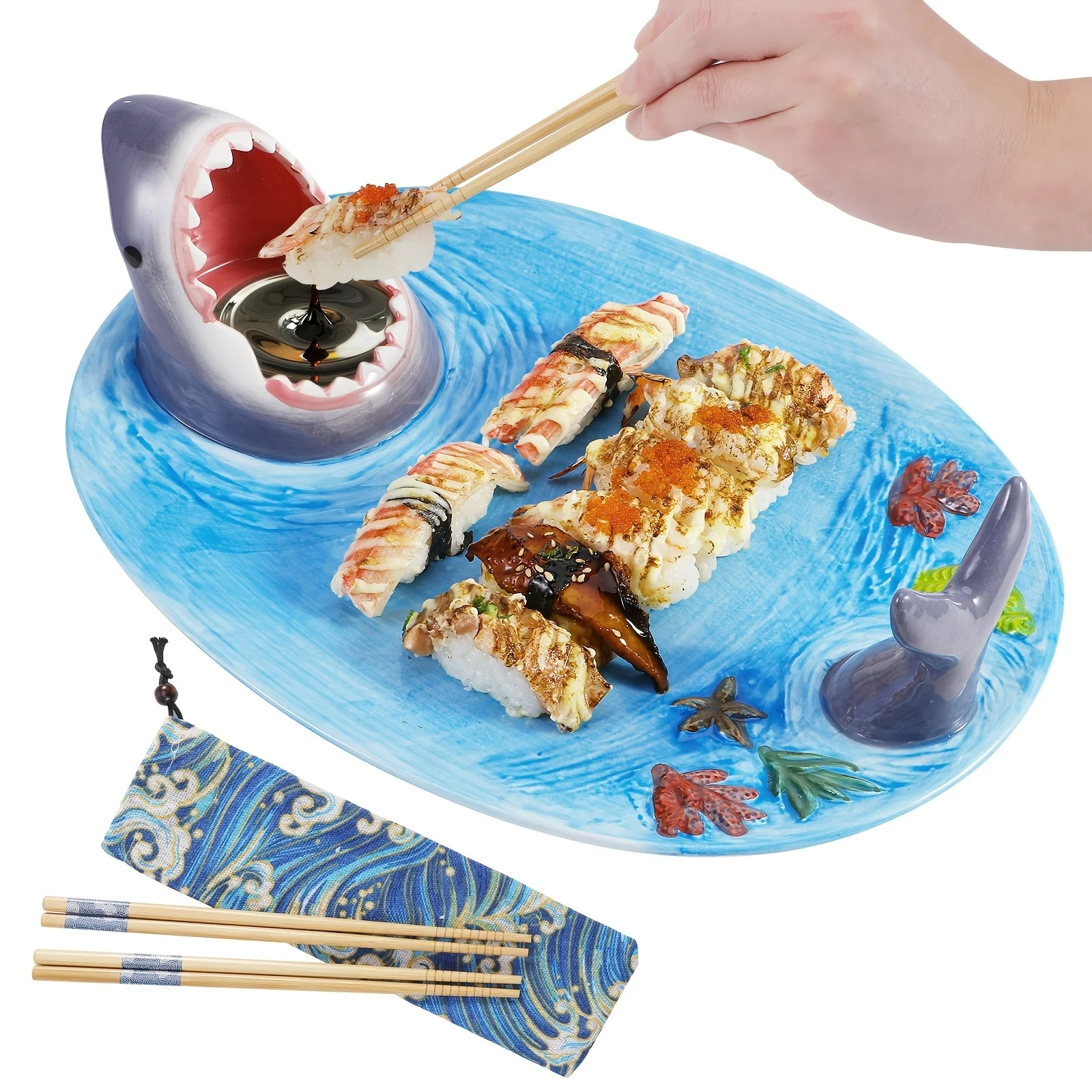 1Pcs Creative Shark Shaped Hand Drawn Food With Soy Sauce Bowl And Chopstick Rack Microwave/Oven/Dishwasher Safe Sushi Plate