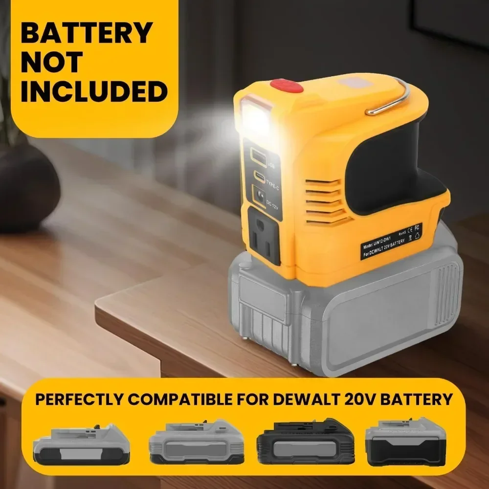 

Portable Power Converter for DeWalt 20V Lithium Battery 180W DC20V To AC110/220V Converter with USB & Type-C & AC & LED Lights