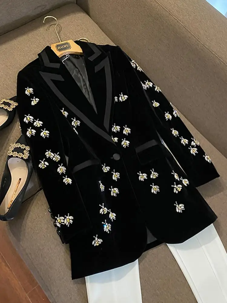 

Женская вельветовая ветровка средней длины с бриллиантовой отделкой, модная, для повседневной носки, с длинными рукавами и пуговицами