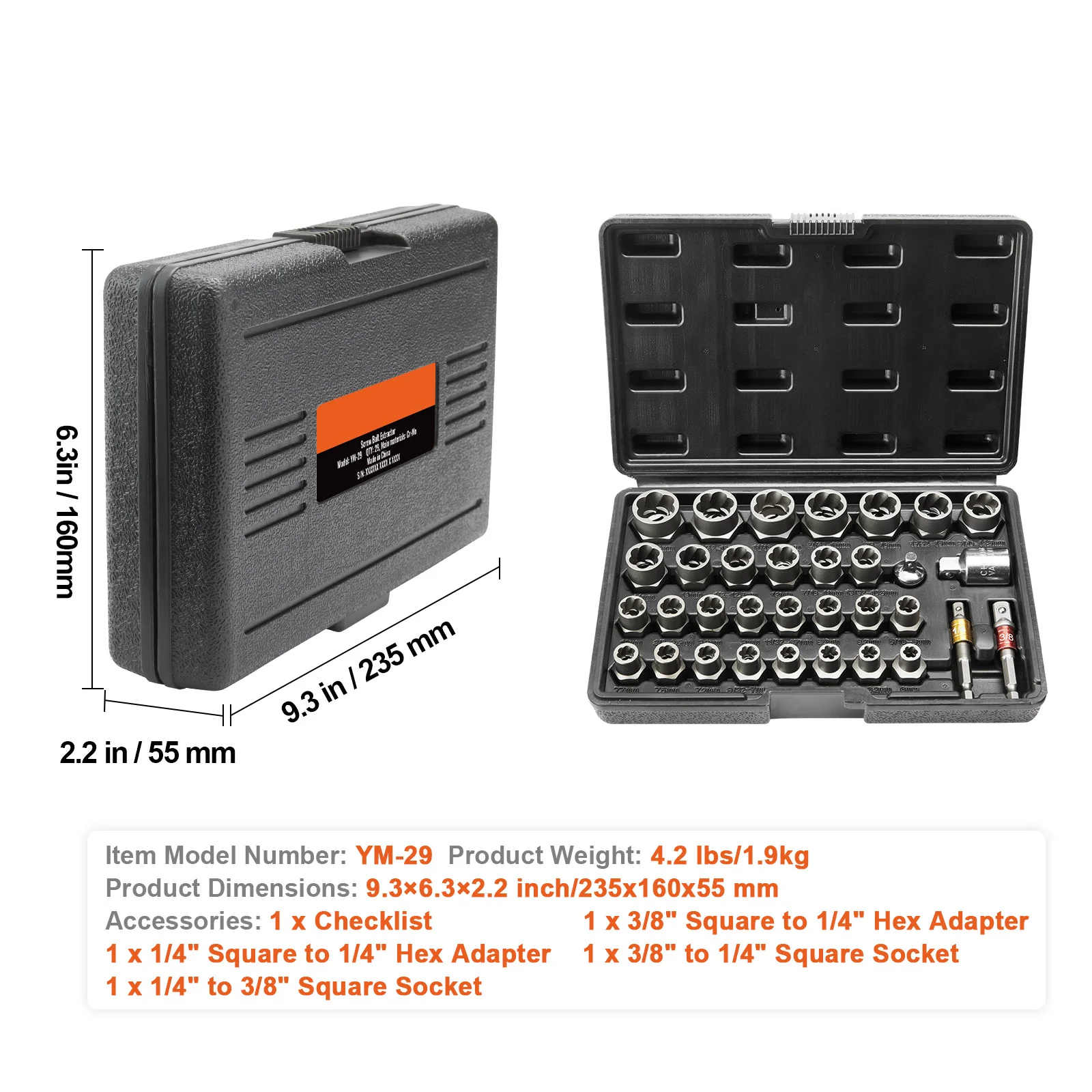 SucceBuy 29-delige bouttrekkerset Bout- en moerverwijderaarset 6 mm tot 10 mm 13/32 "tot 3/4" CR-MO stalen extractie-doppenset