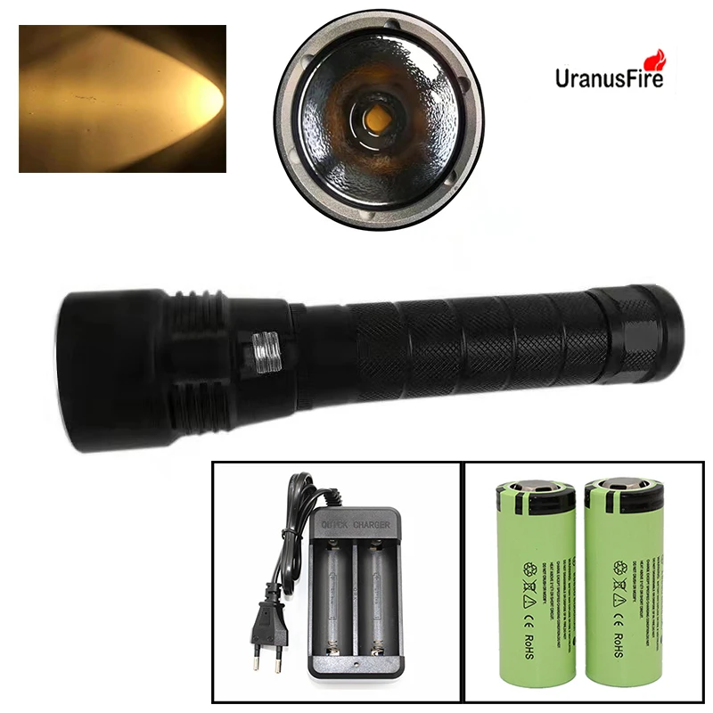 

XHP50/XHP70/Yellow/White LED Underwater Dive Light Waterproof Spearfishing Torch lamp+ Rechargerable 26650 Battery ip68